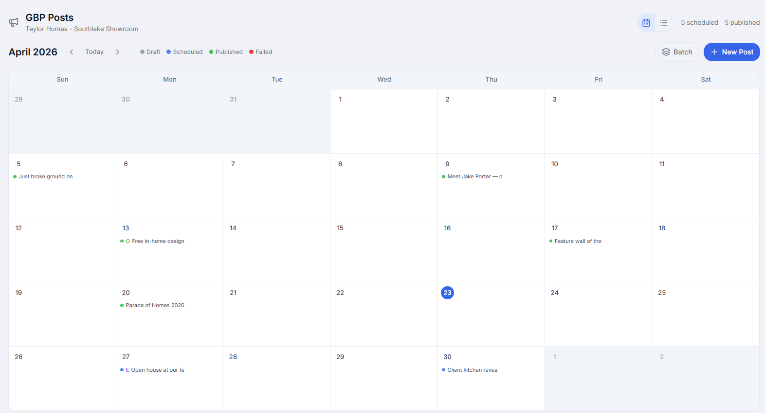 Multi-client Google Business Profile post scheduling calendar with AI-written captions and AI-generated images laid out across weeks for every connected GBP location, covering Standard, Event, and Offer post types with automated publishing